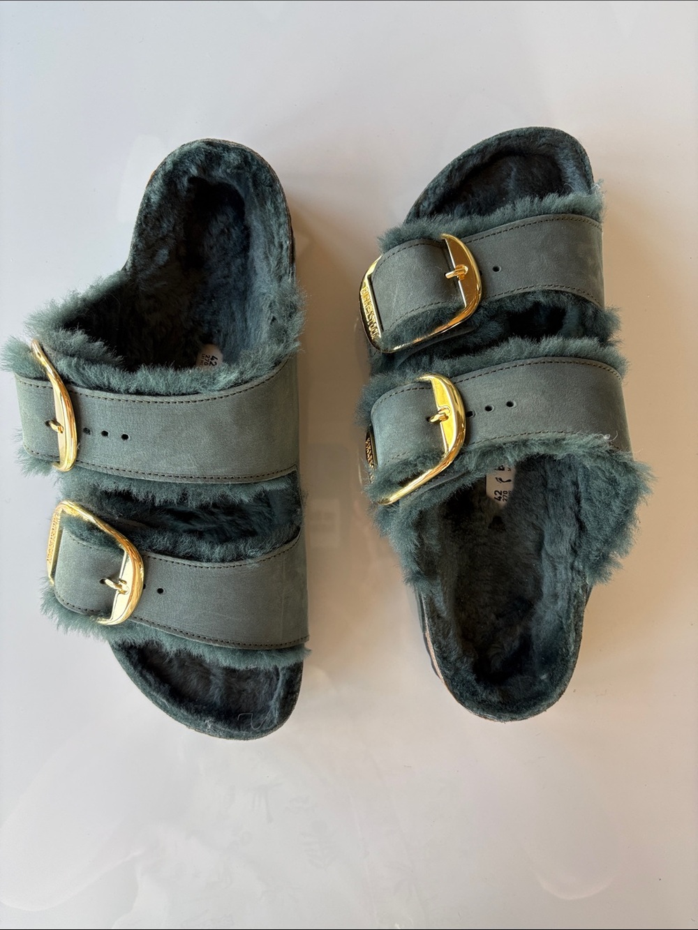 Birkenstock Sage Shearling Double-Buckle Slide Sandals with Gold Buckles
